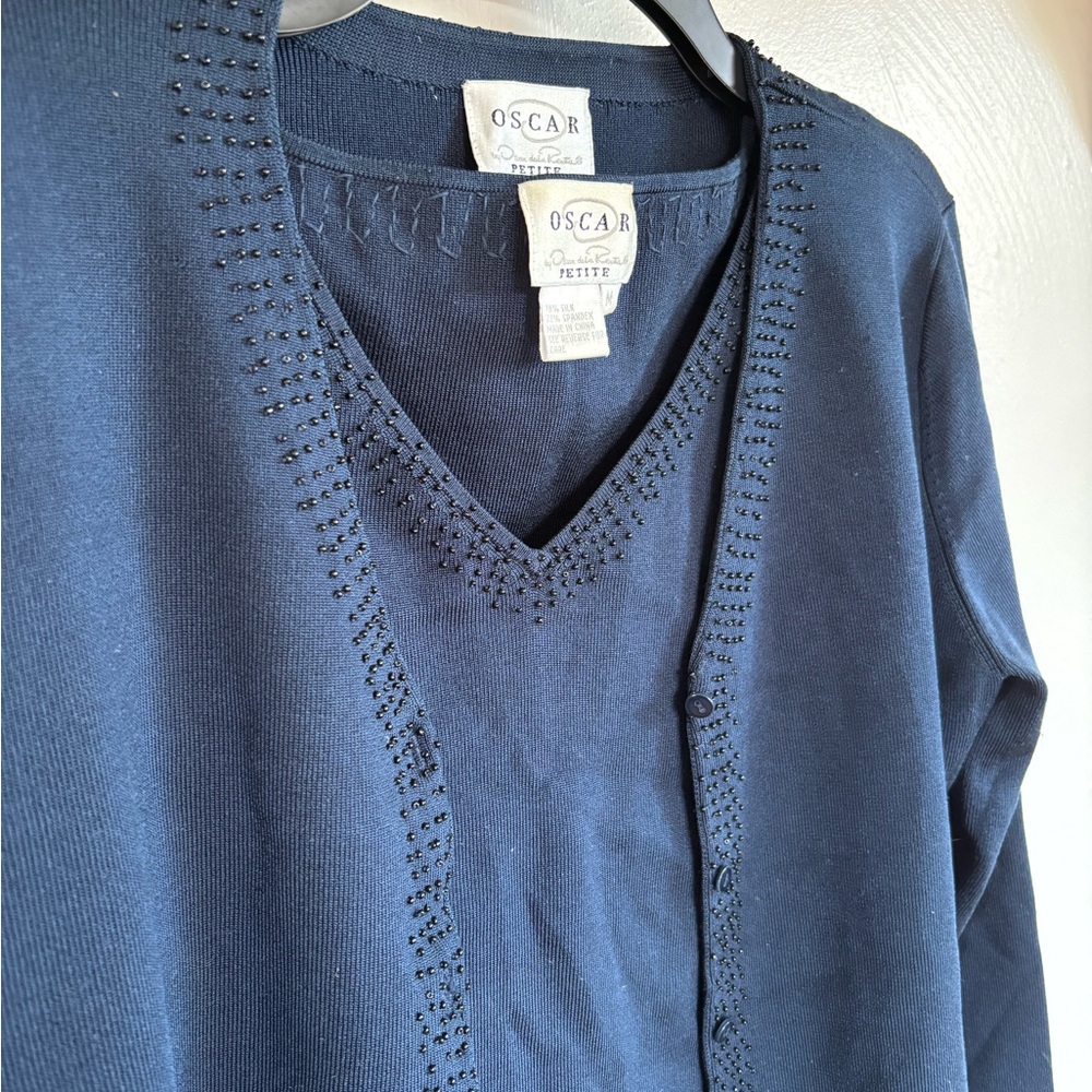 Oscar de la Renta Silk Blend Twinset Cardigan Tank Navy Beaded